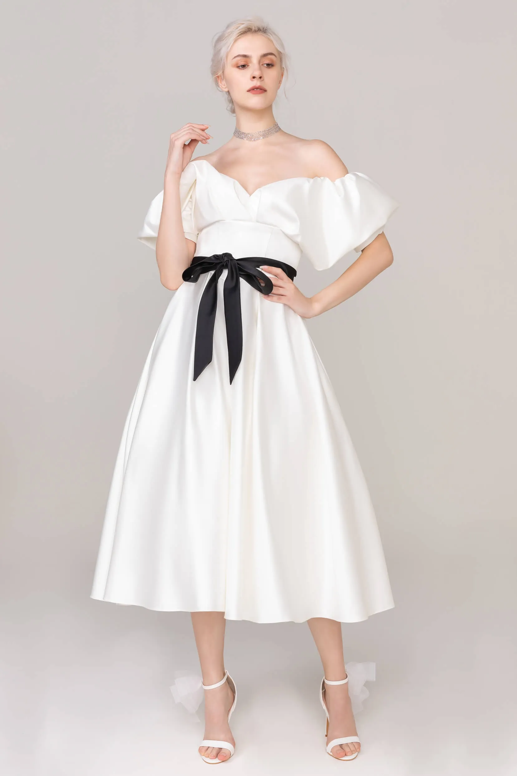 A-Line Tea Length Satin Wedding Dress CW2407
