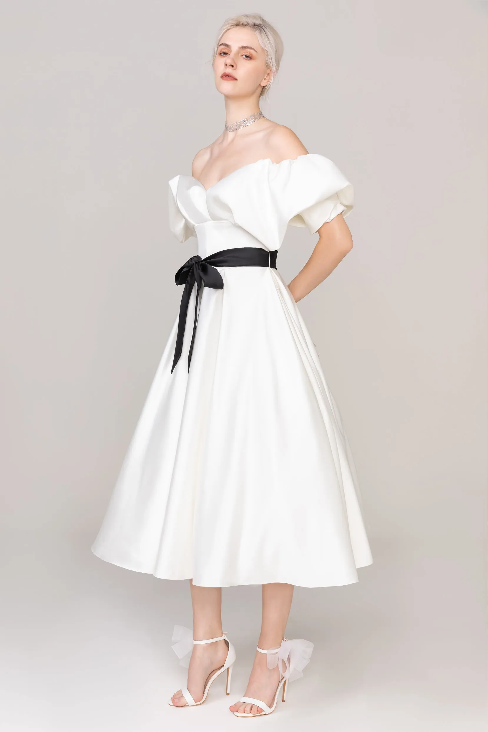 A-Line Tea Length Satin Wedding Dress CW2407