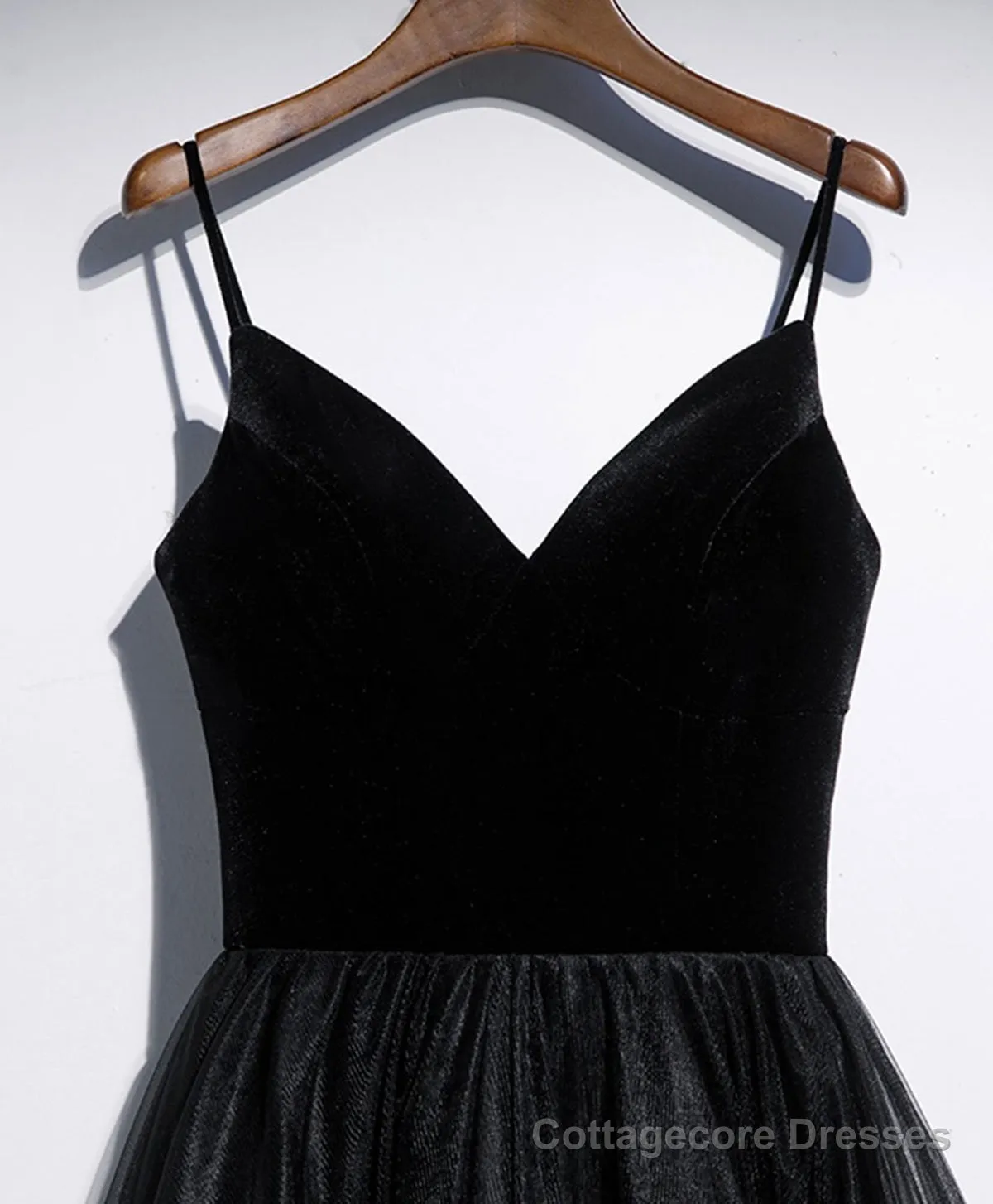 A Line V Neck Tea Length Black Velvet Prom Dresses, Black Tea Length Graduation Homecoming Dresses