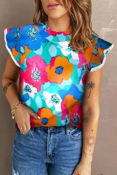 Add Color To Life Mock Neck Flutter Sleeve Floral Blouse