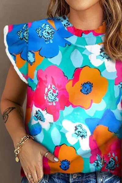Add Color To Life Mock Neck Flutter Sleeve Floral Blouse