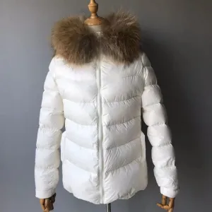ADULTS/BIG KIDS MI LOVES SIGNATURE Luxurious Racoon Fur Trim puff jacket in Ivory/White colour