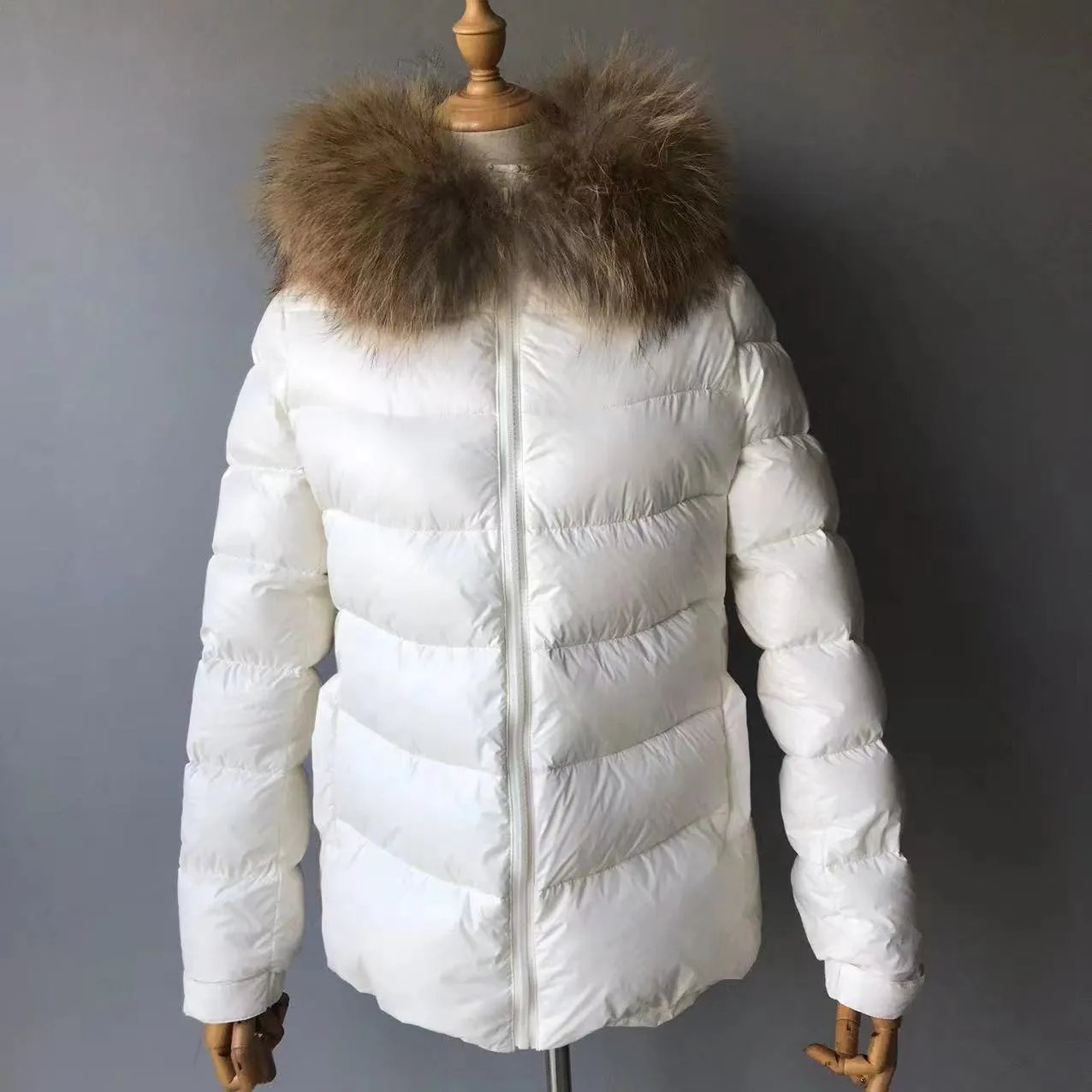 ADULTS/BIG KIDS MI LOVES SIGNATURE Luxurious Racoon Fur Trim puff jacket in Ivory/White colour