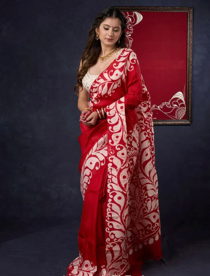 Agamoni Durga Puja Red & White Hand Batik Alpana Saree