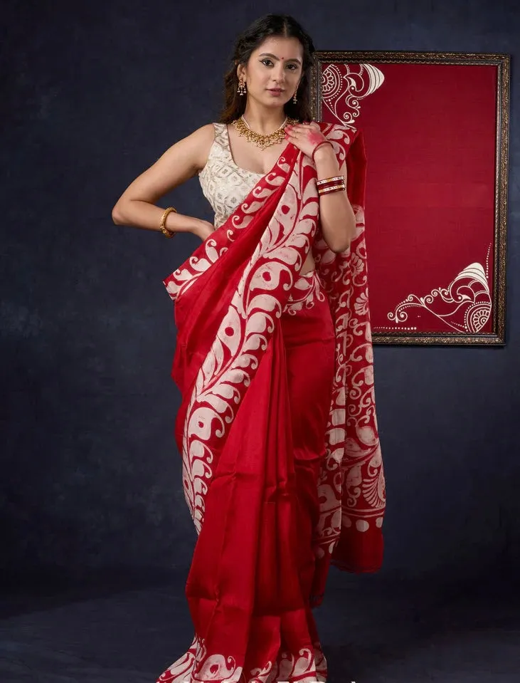 Agamoni Durga Puja Red & White Hand Batik Alpana Saree