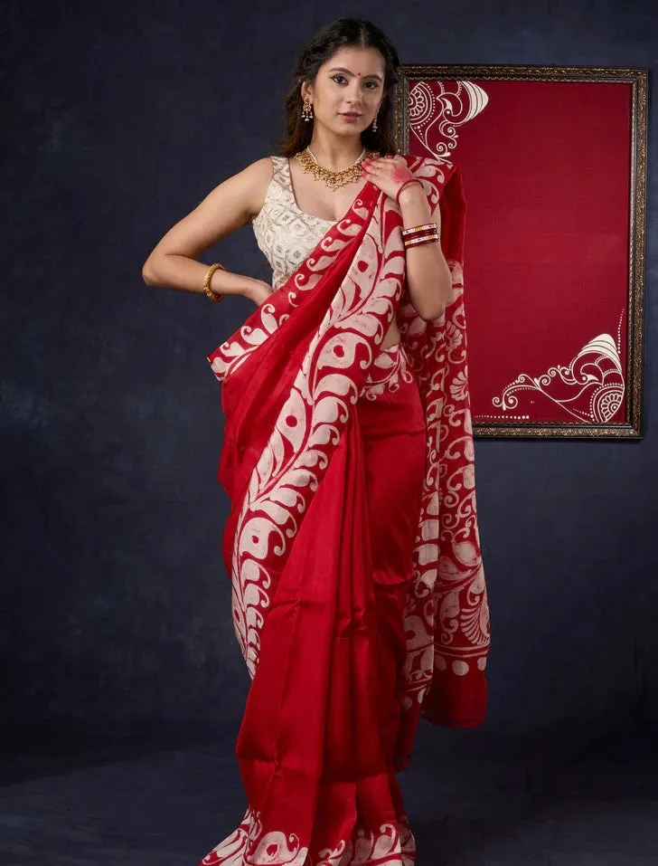 Agamoni Durga Puja Red & White Hand Batik Alpana Saree