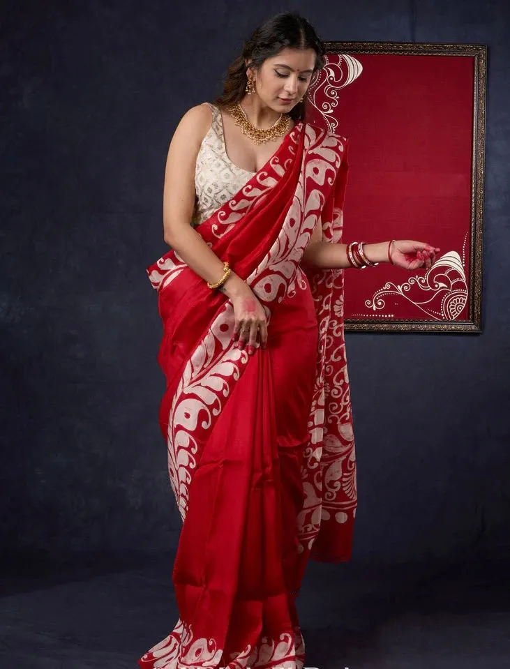 Agamoni Durga Puja Red & White Hand Batik Alpana Saree