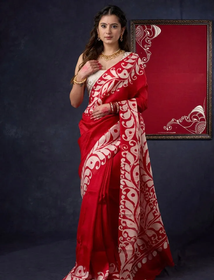 Agamoni Durga Puja Red & White Hand Batik Alpana Saree