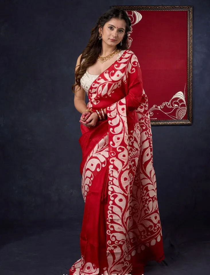 Agamoni Durga Puja Red & White Hand Batik Alpana Saree