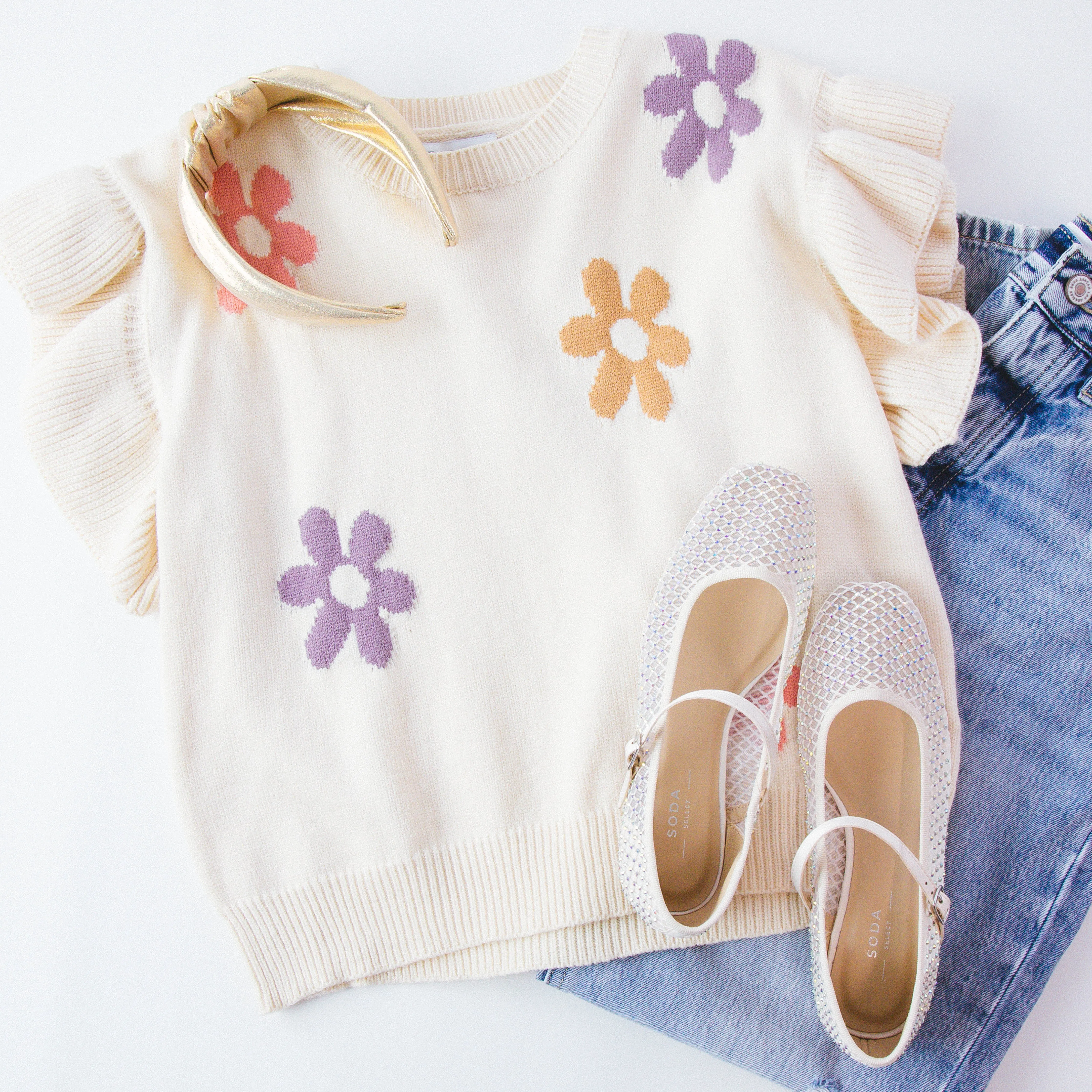 Anastasia Ruffle Sleeve Knit Top, Cream Multi