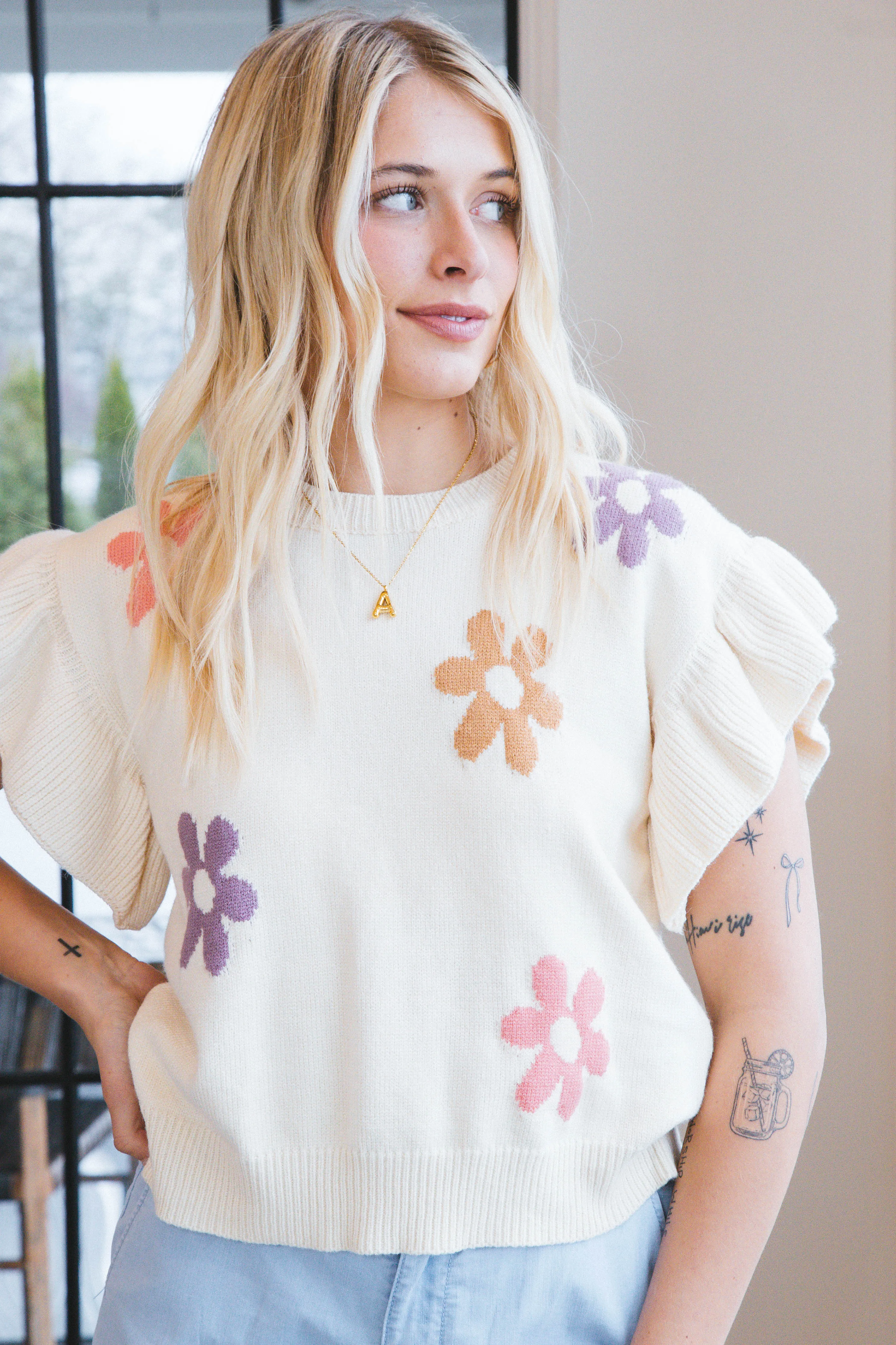 Anastasia Ruffle Sleeve Knit Top, Cream Multi