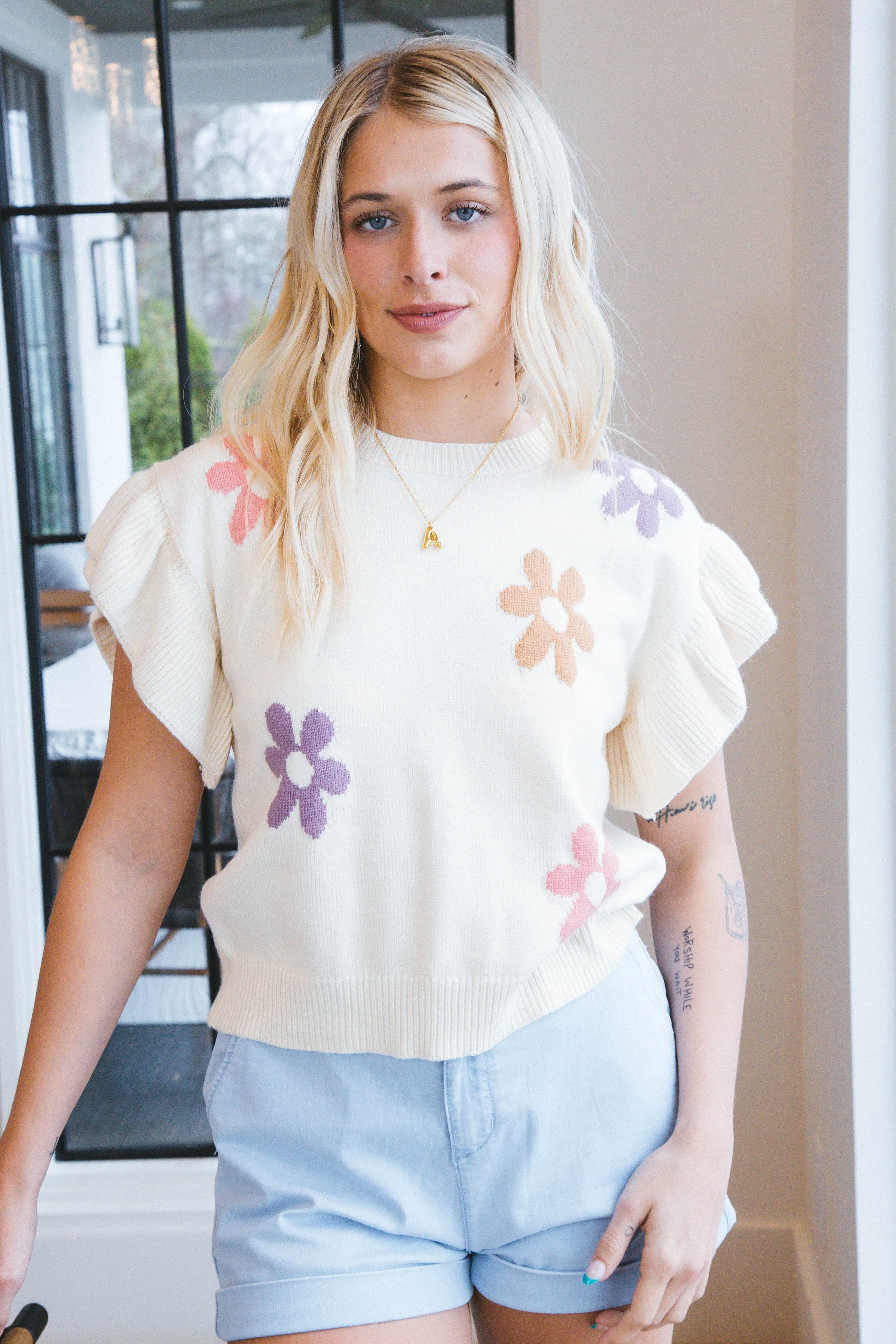 Anastasia Ruffle Sleeve Knit Top, Cream Multi