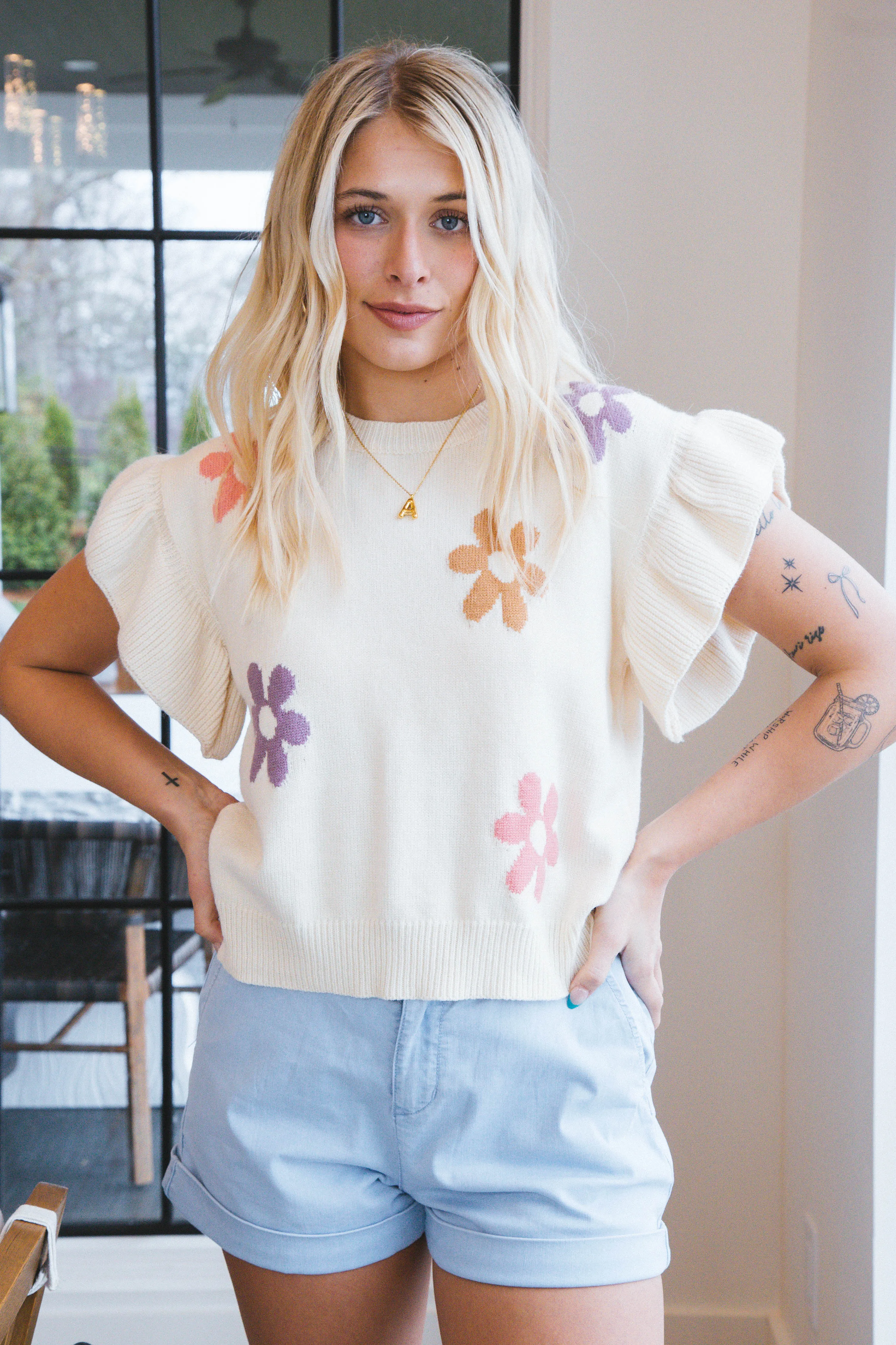 Anastasia Ruffle Sleeve Knit Top, Cream Multi