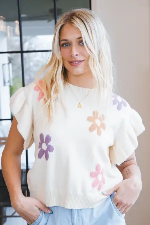 Anastasia Ruffle Sleeve Knit Top, Cream Multi