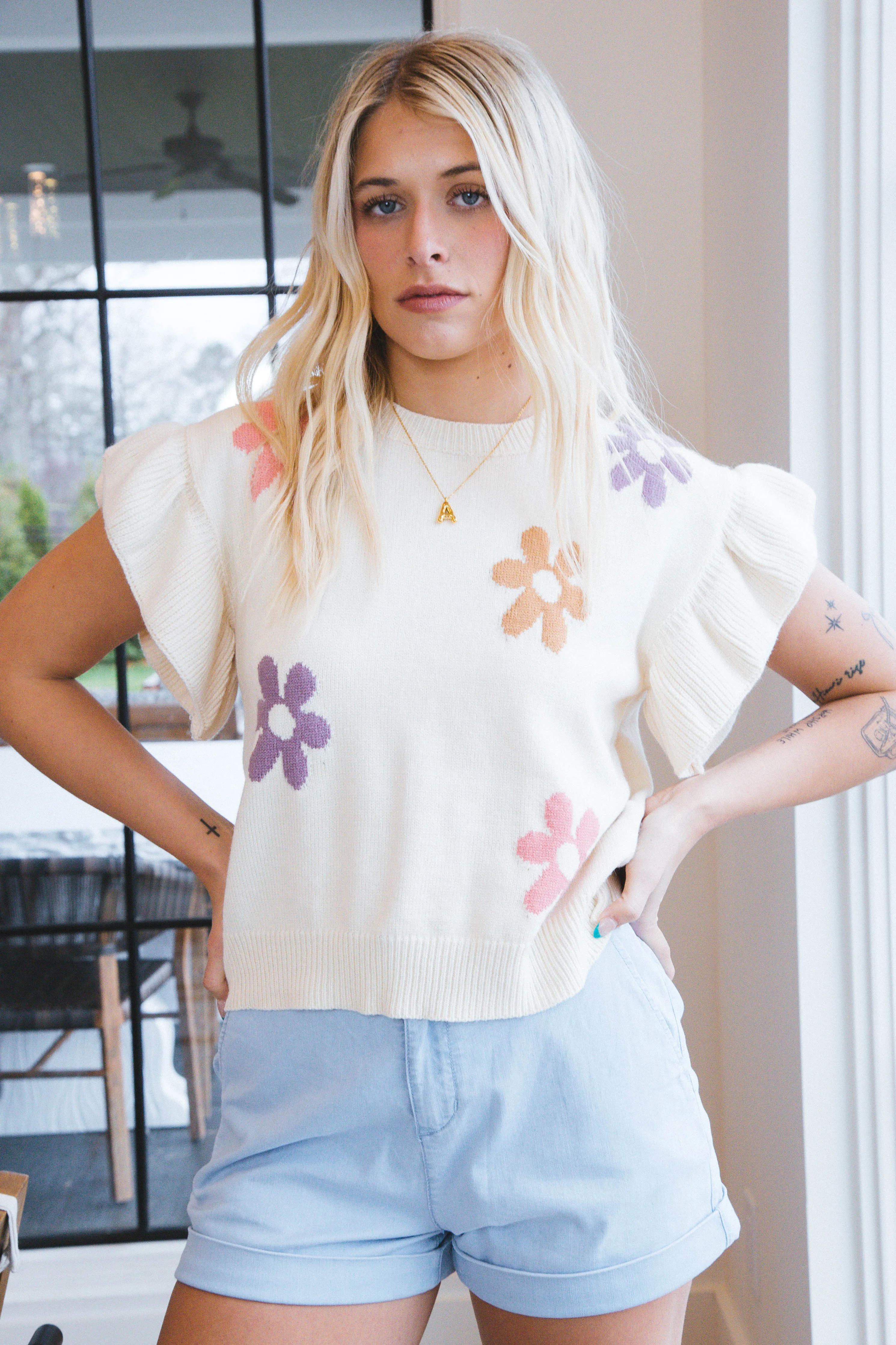 Anastasia Ruffle Sleeve Knit Top, Cream Multi