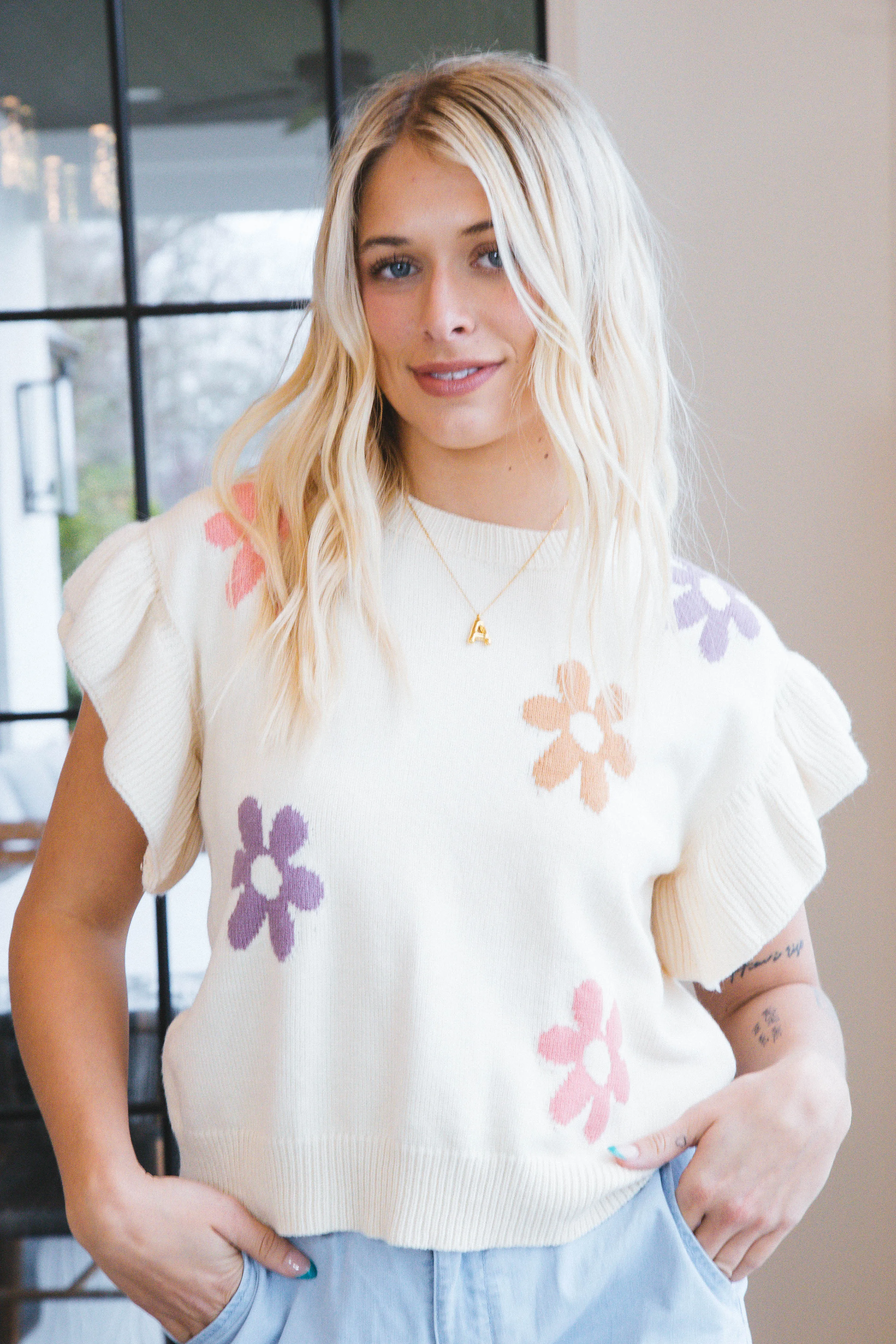 Anastasia Ruffle Sleeve Knit Top, Cream Multi