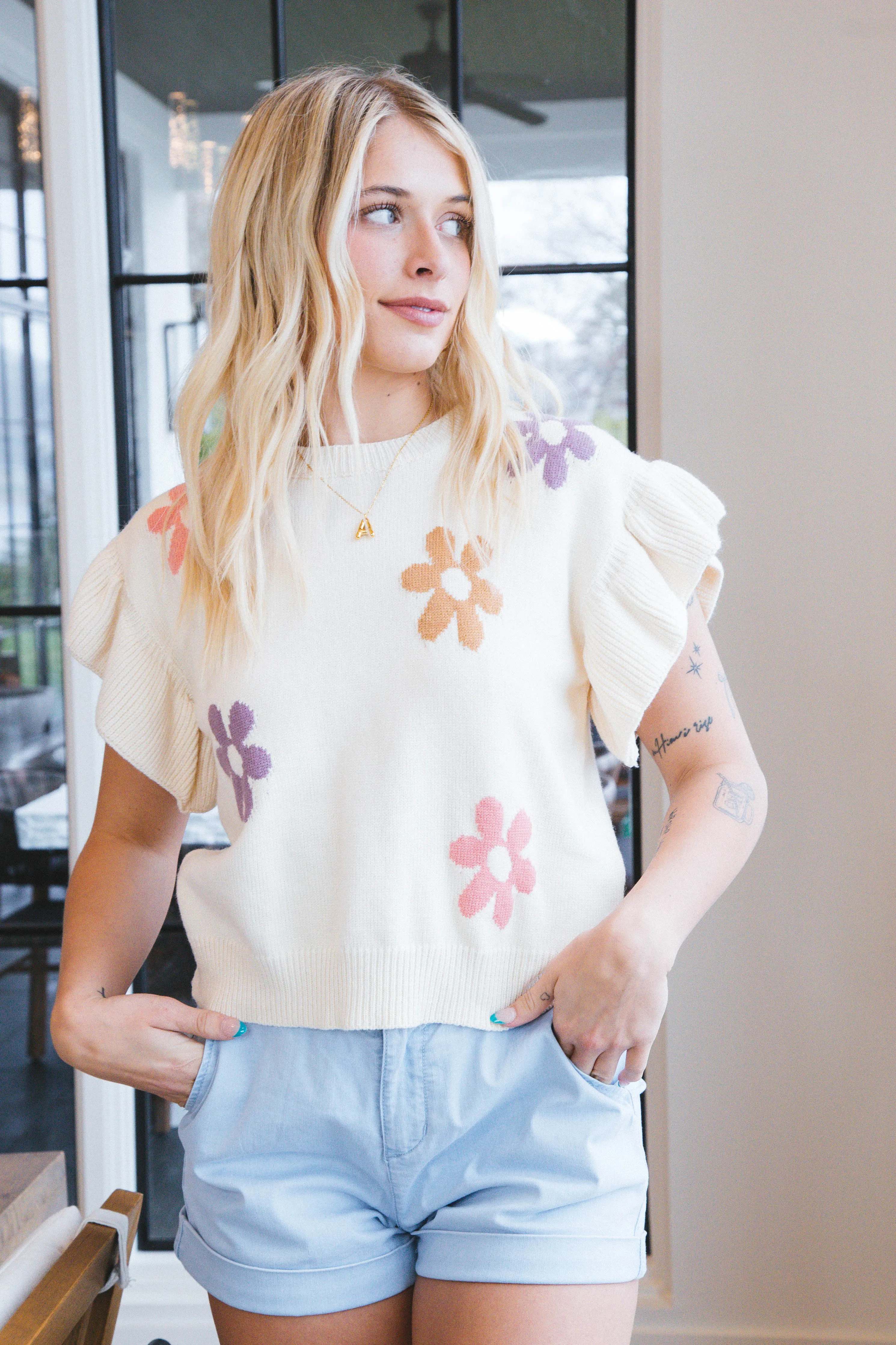 Anastasia Ruffle Sleeve Knit Top, Cream Multi