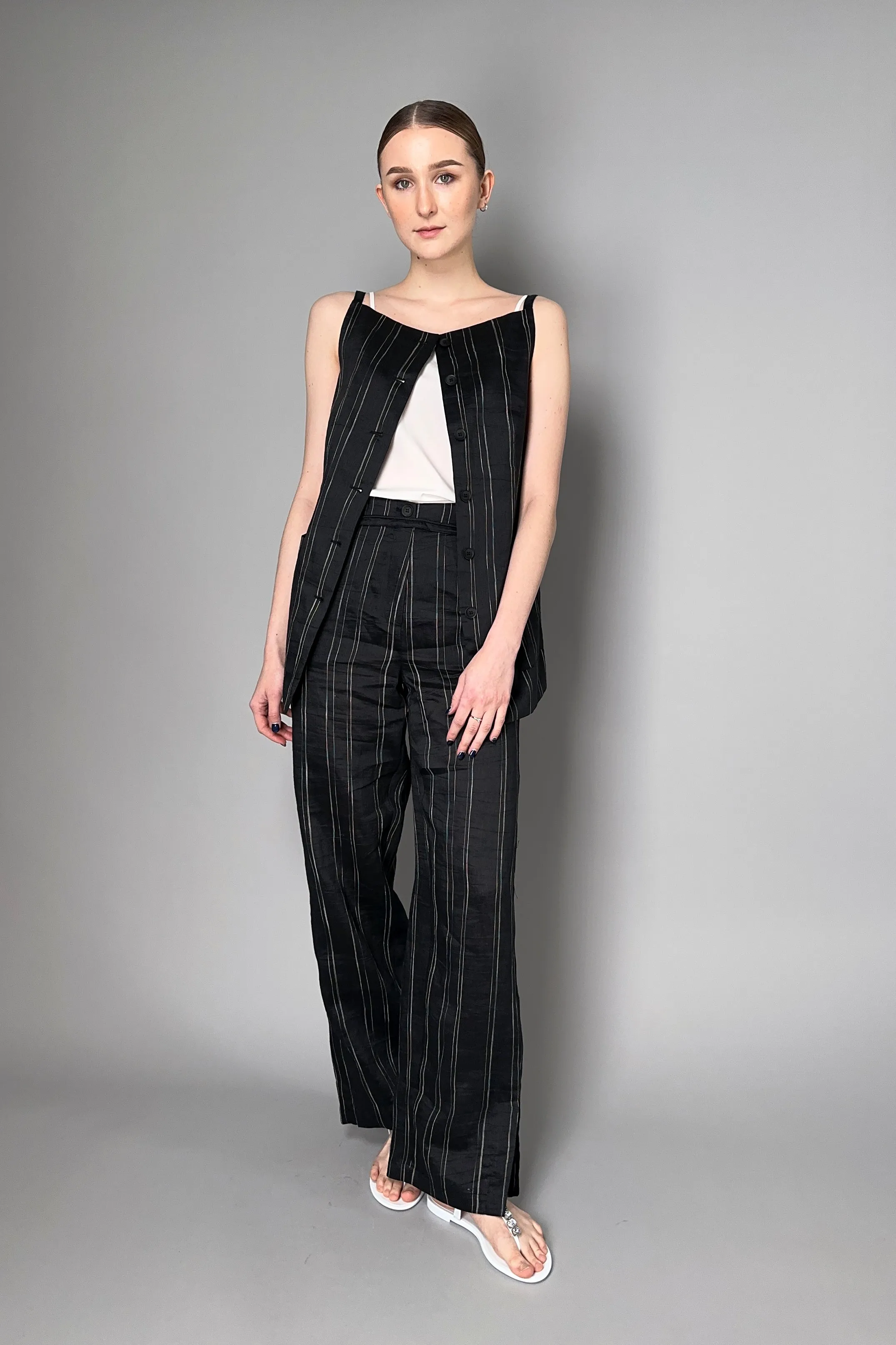 Annette Gortz Elegant Summer Linen Blend Pinstripe Vest Top in Black