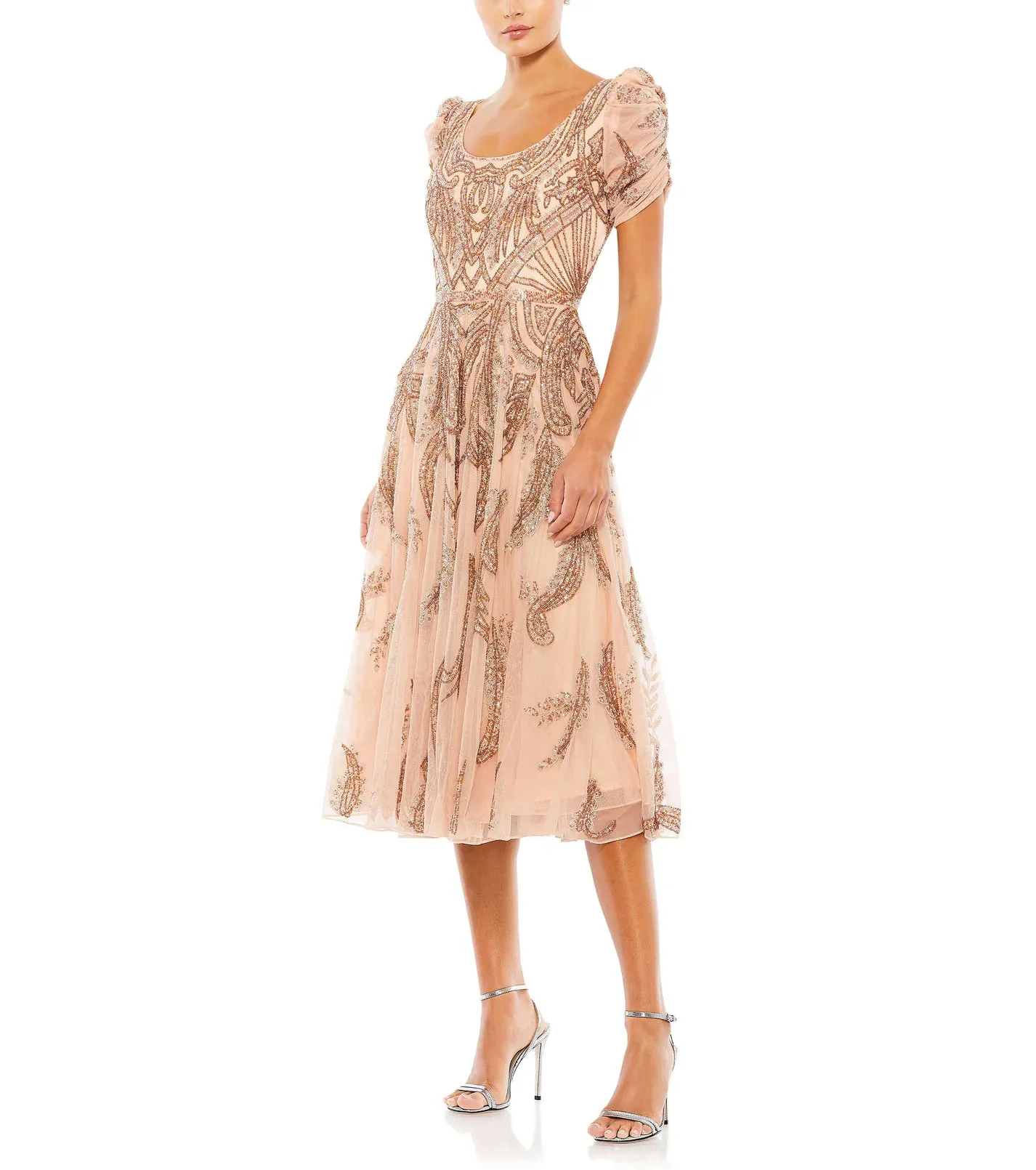 Beaded A-Line Tea Length Dress