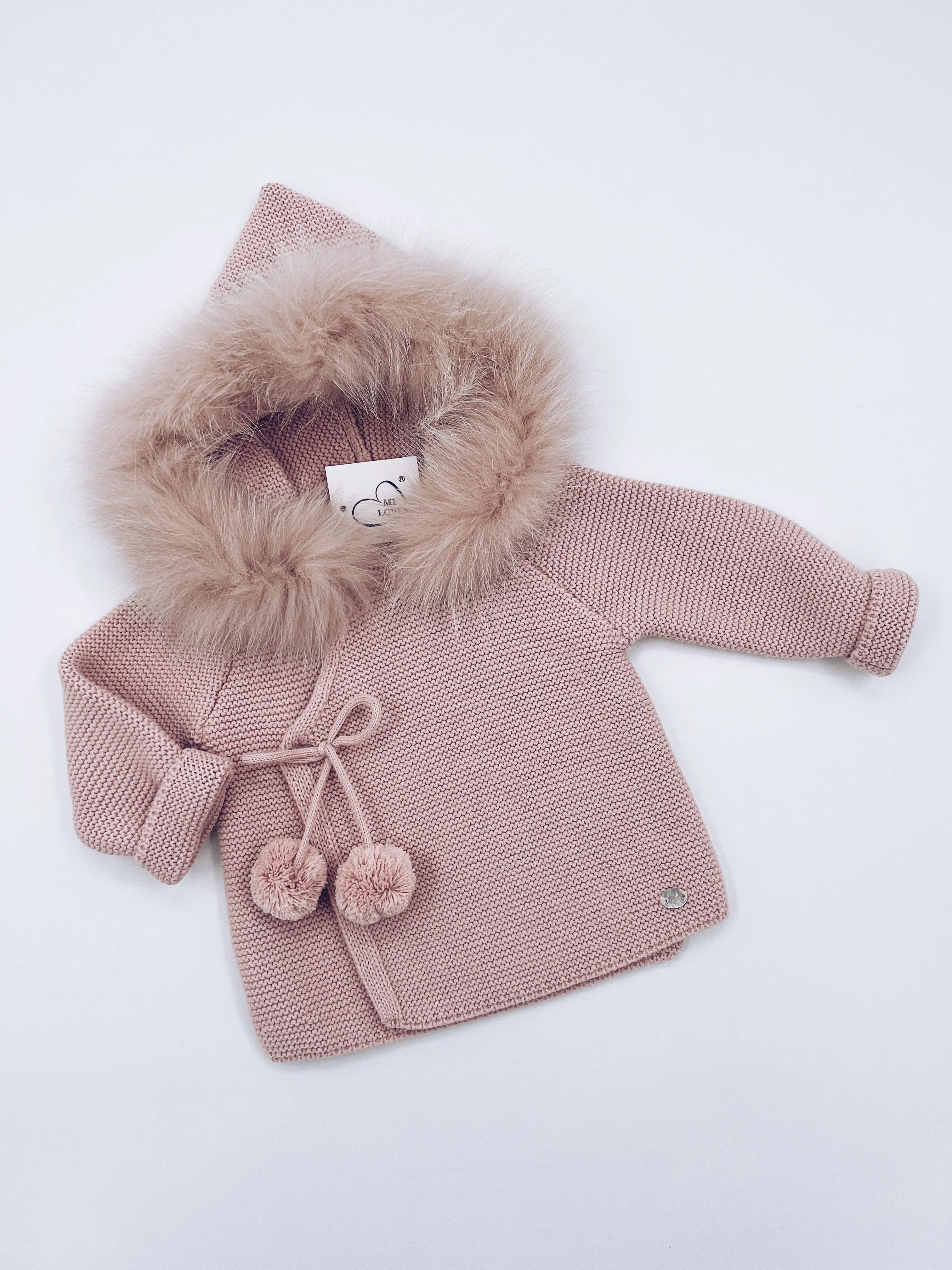Beautiful Pink knitted Cardigan with Luxurious fur trim.