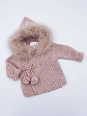 Beautiful Pink knitted Cardigan with Luxurious fur trim.