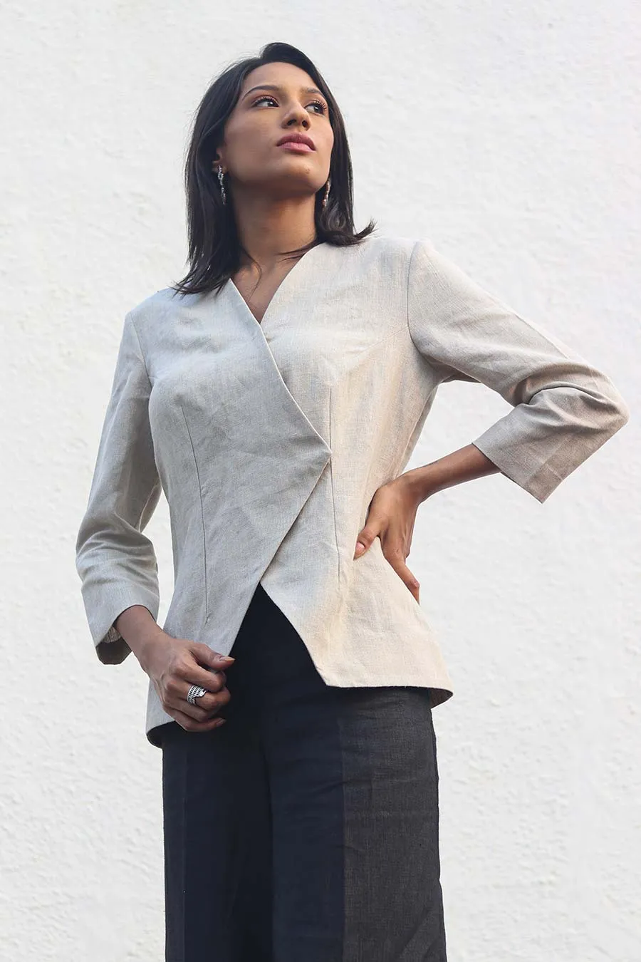 Beige Linen Top & Black Pants Set