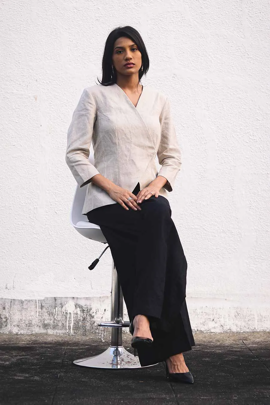 Beige Linen Top & Black Pants Set