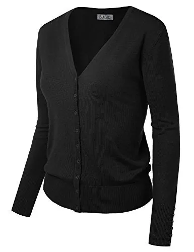 BIADANI Women Button Down Long Sleeve Soft V-Neck Cardigan Sweater Black Large
