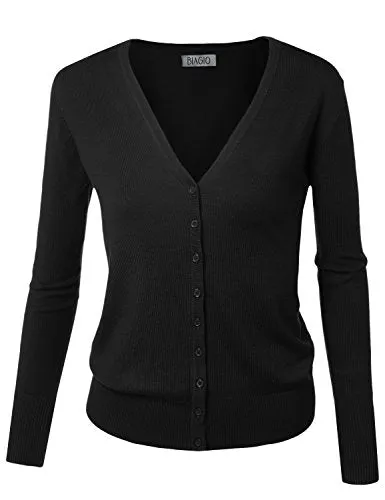 BIADANI Women Button Down Long Sleeve Soft V-Neck Cardigan Sweater Black Large