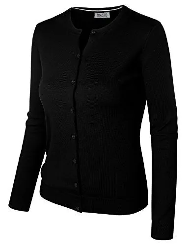 BIADANI Women Round Neck Button Down Soft Classic Knit Cardigan Sweater Black Medium