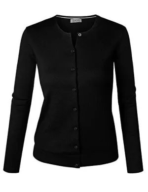 BIADANI Women Round Neck Button Down Soft Classic Knit Cardigan Sweater Black Medium