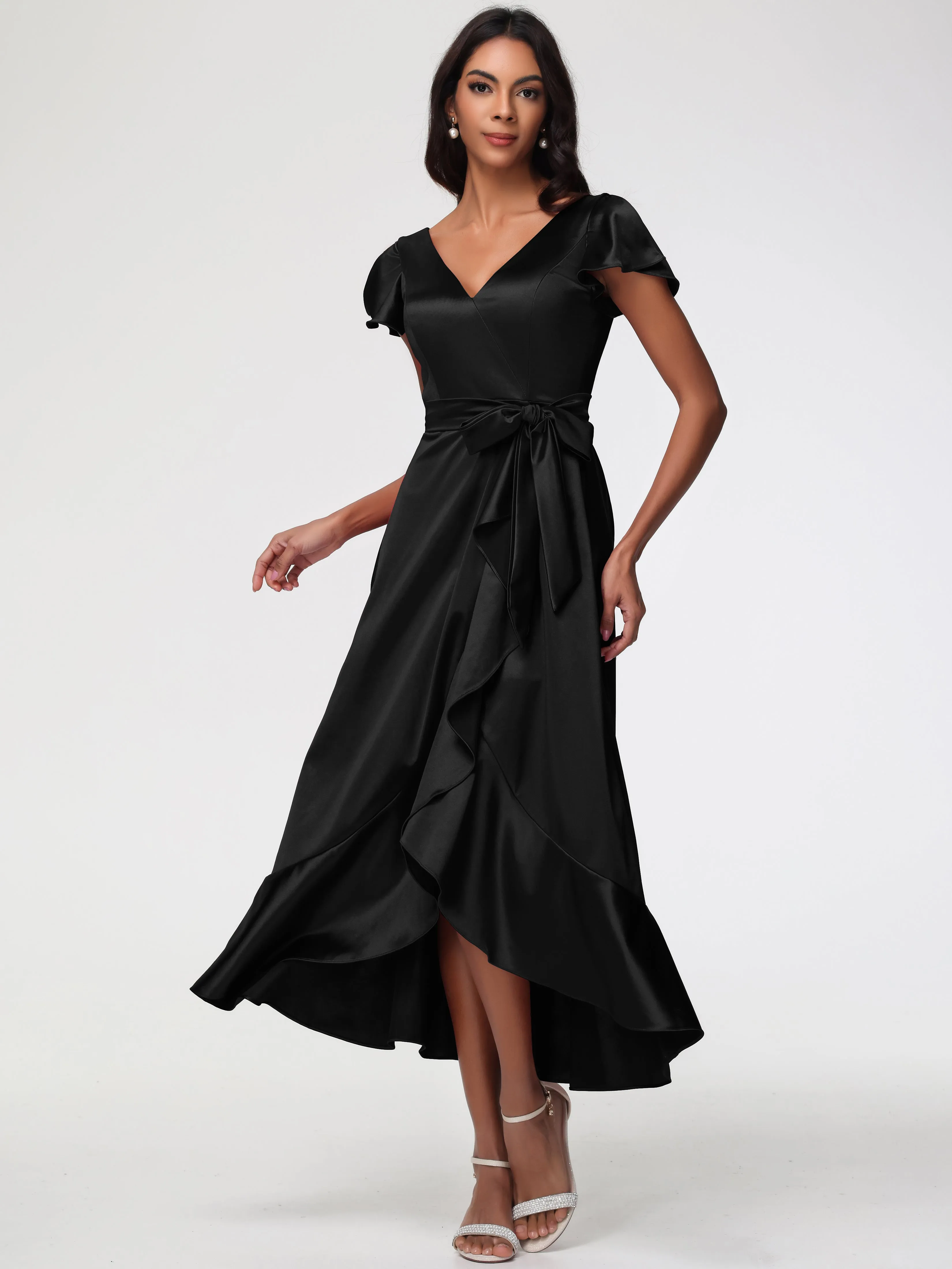 Black Long Prom Dresses Tea-Length Short Sleeves Ruffles A-Line Stretch Satin Prom Dresses