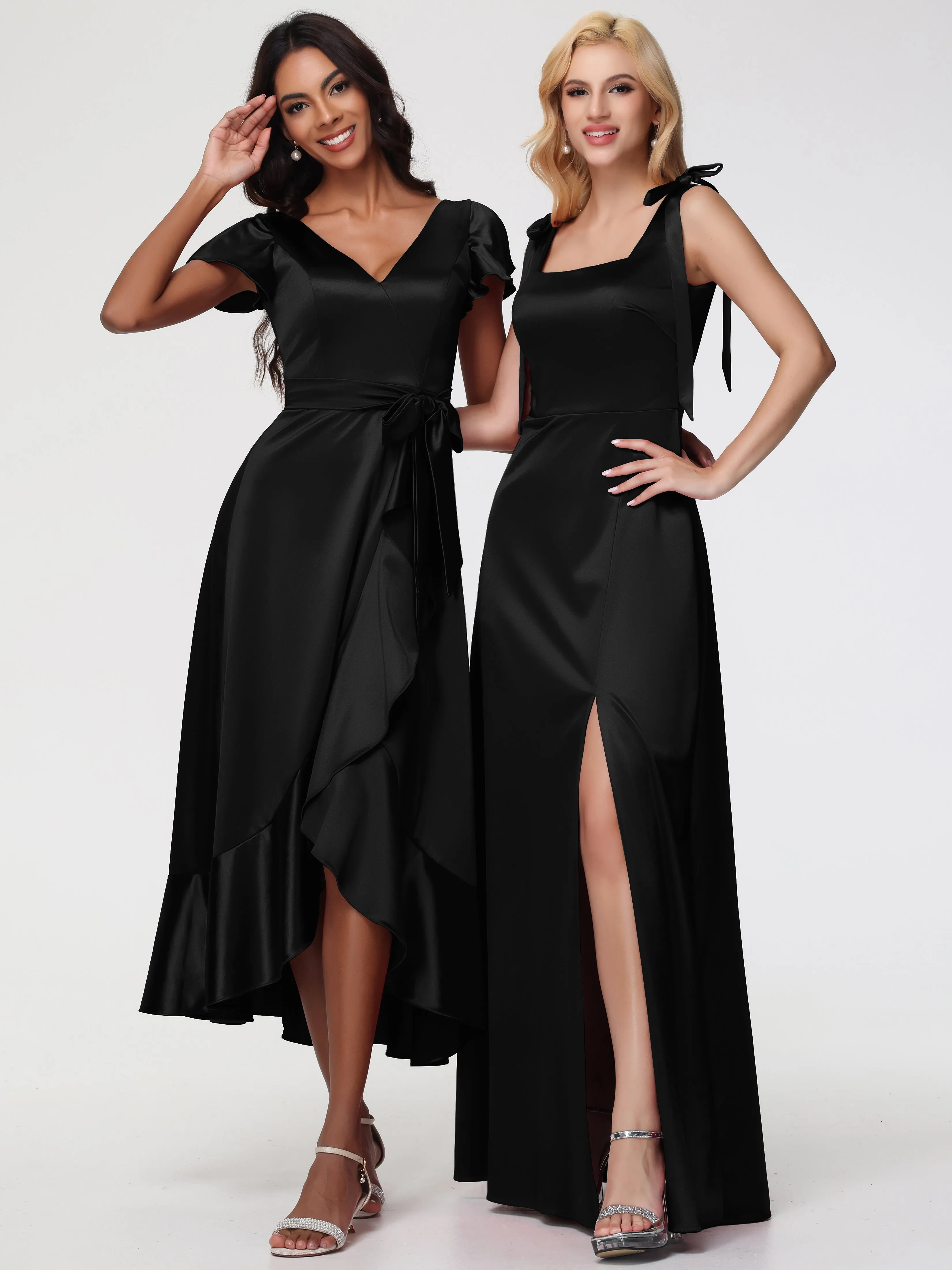Black Long Prom Dresses Tea-Length Short Sleeves Ruffles A-Line Stretch Satin Prom Dresses