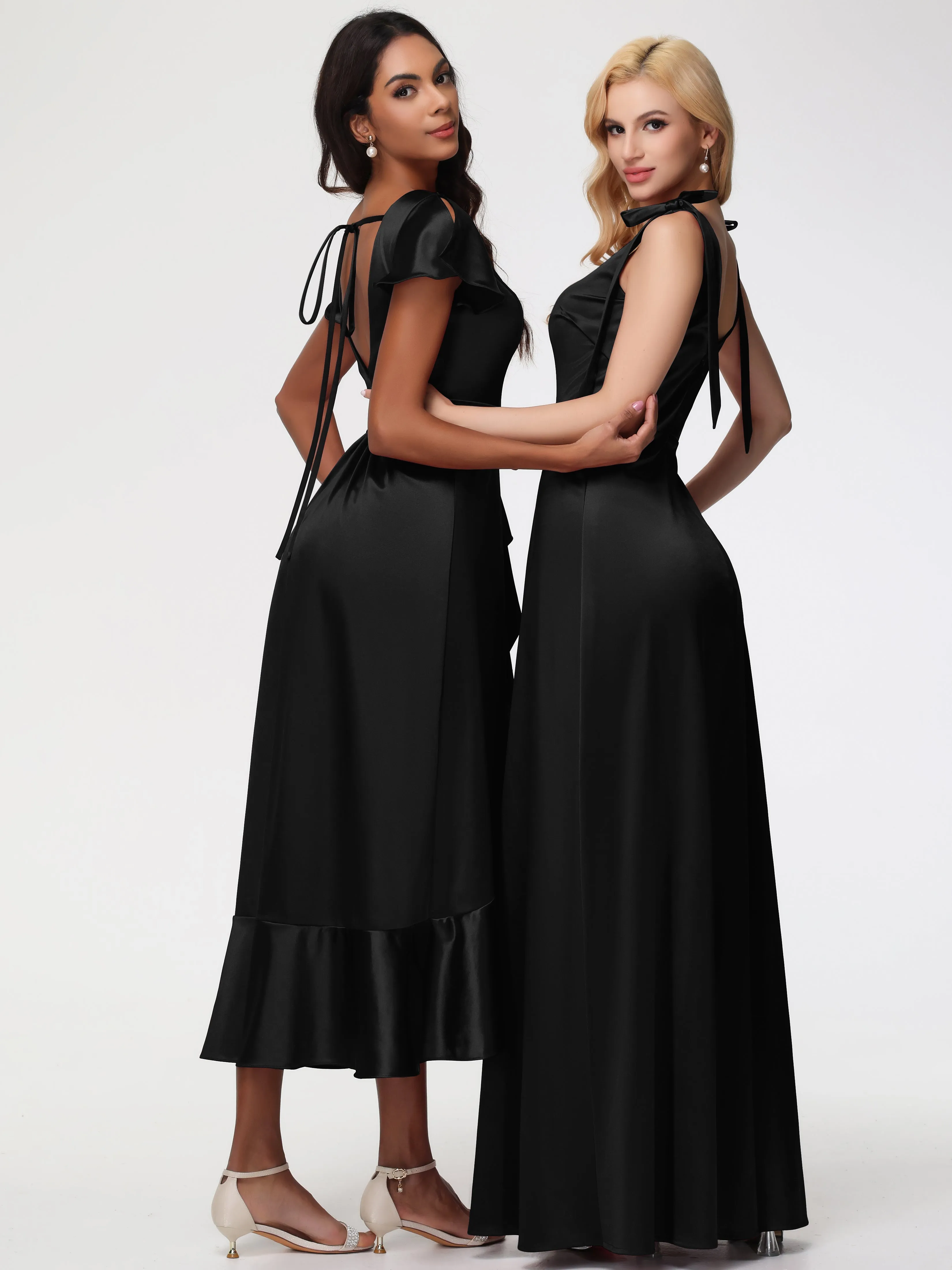 Black Long Prom Dresses Tea-Length Short Sleeves Ruffles A-Line Stretch Satin Prom Dresses