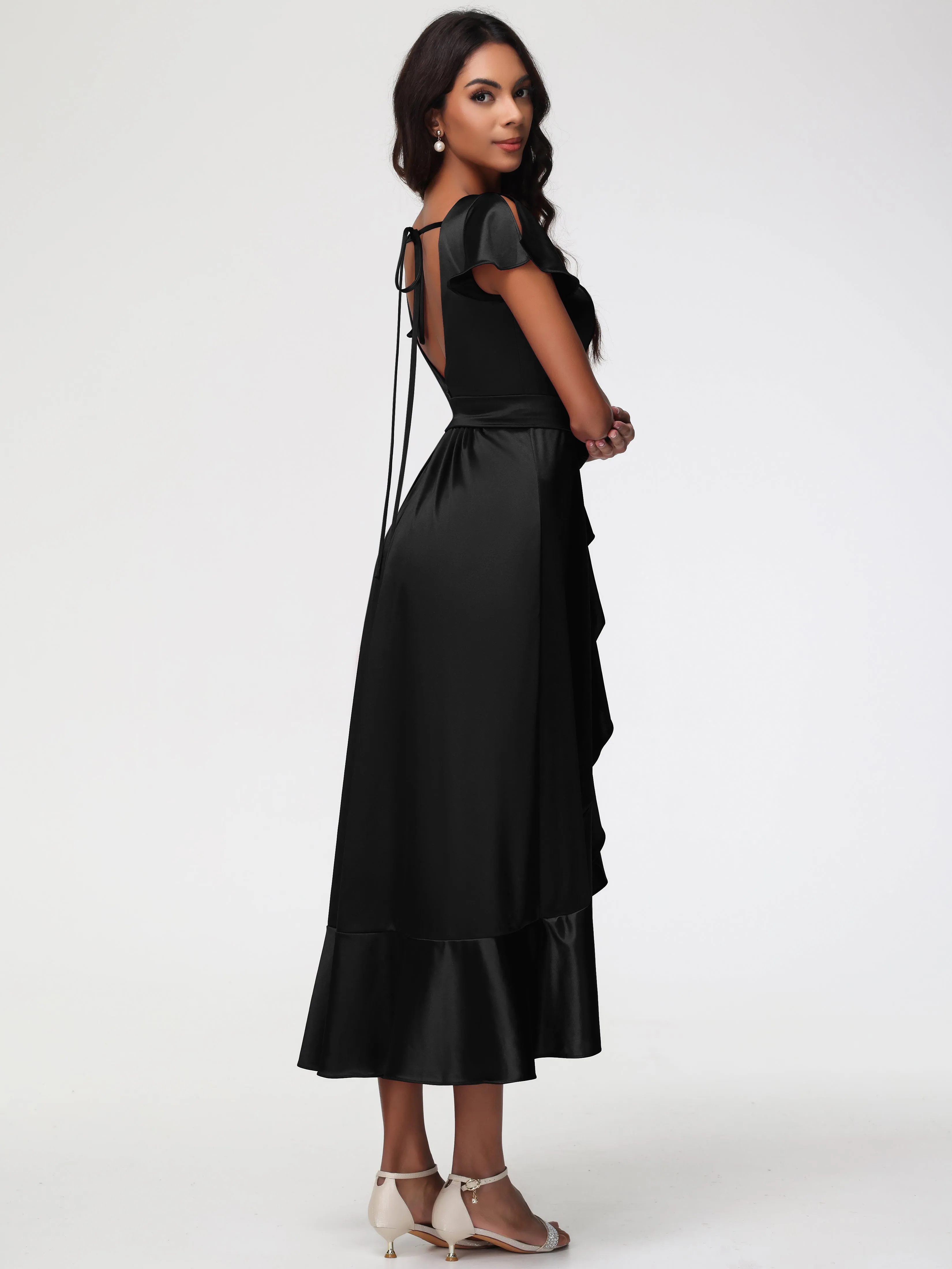 Black Long Prom Dresses Tea-Length Short Sleeves Ruffles A-Line Stretch Satin Prom Dresses