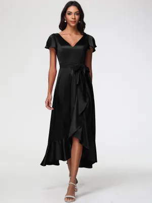 Black Long Prom Dresses Tea-Length Short Sleeves Ruffles A-Line Stretch Satin Prom Dresses