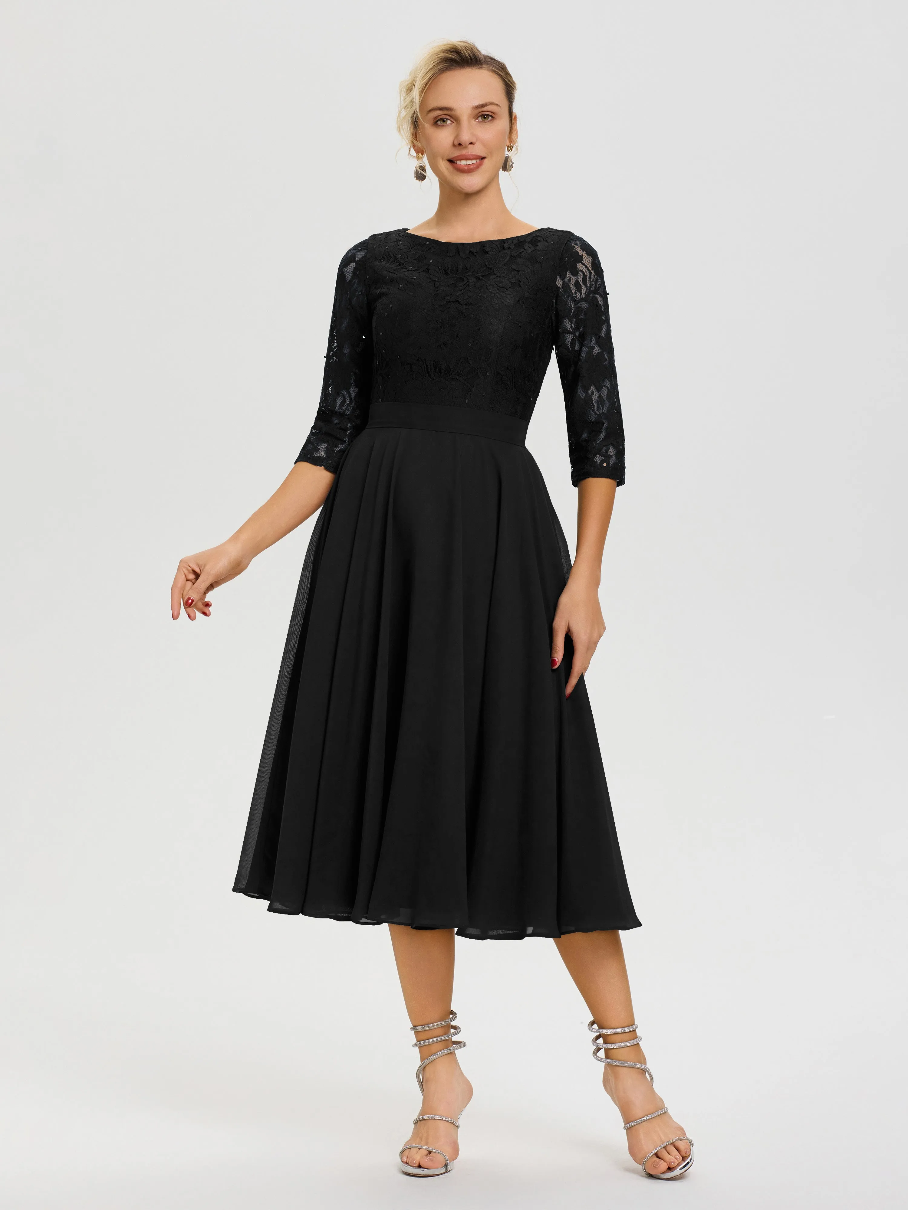 Black Mother Of The Bride Dresses A Line Lace Top Tea Length Chiffon Mother Of The Bride Dresses