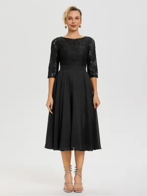 Black Mother Of The Bride Dresses A Line Lace Top Tea Length Chiffon Mother Of The Bride Dresses