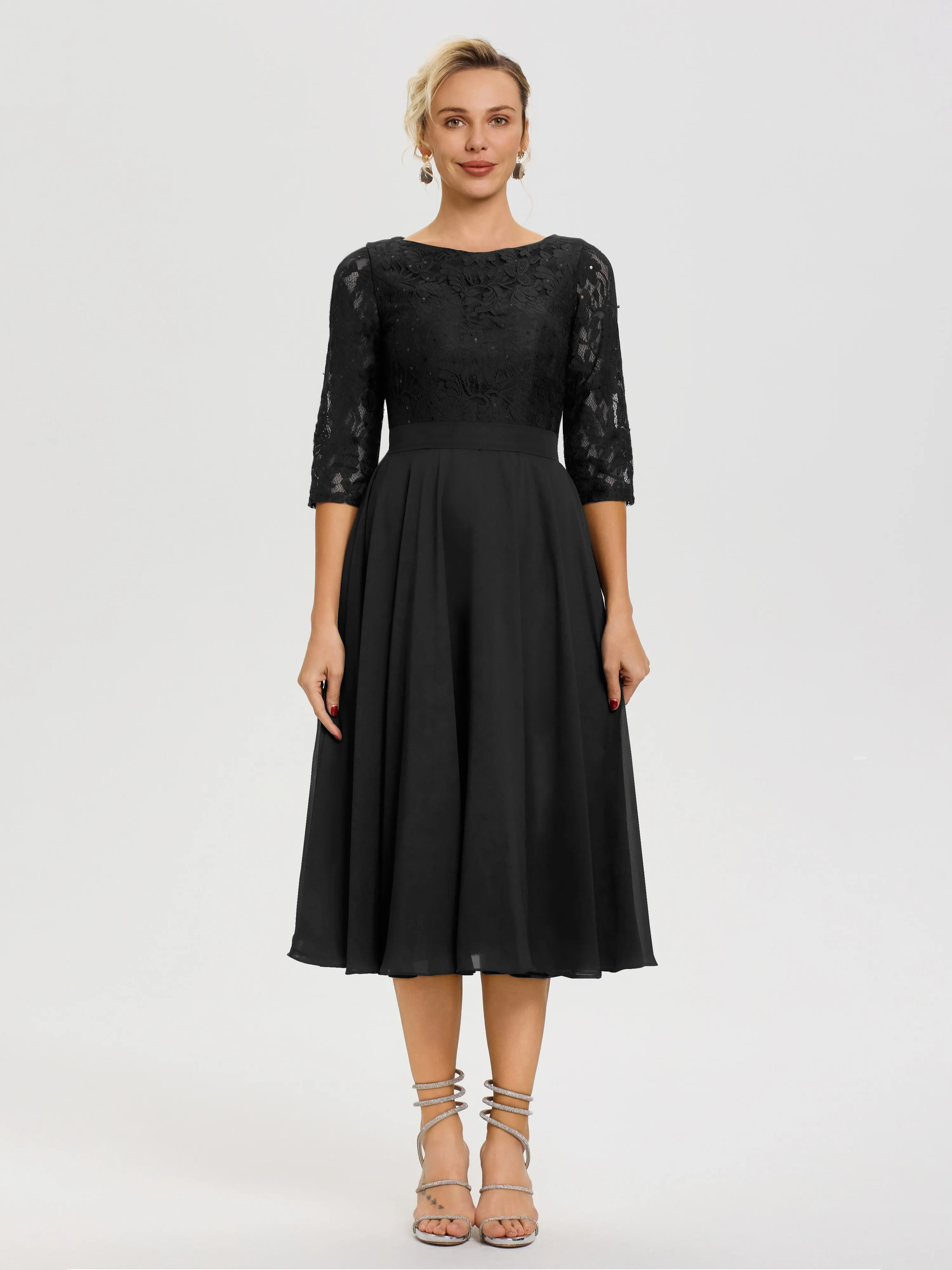 Black Mother Of The Bride Dresses A Line Lace Top Tea Length Chiffon Mother Of The Bride Dresses
