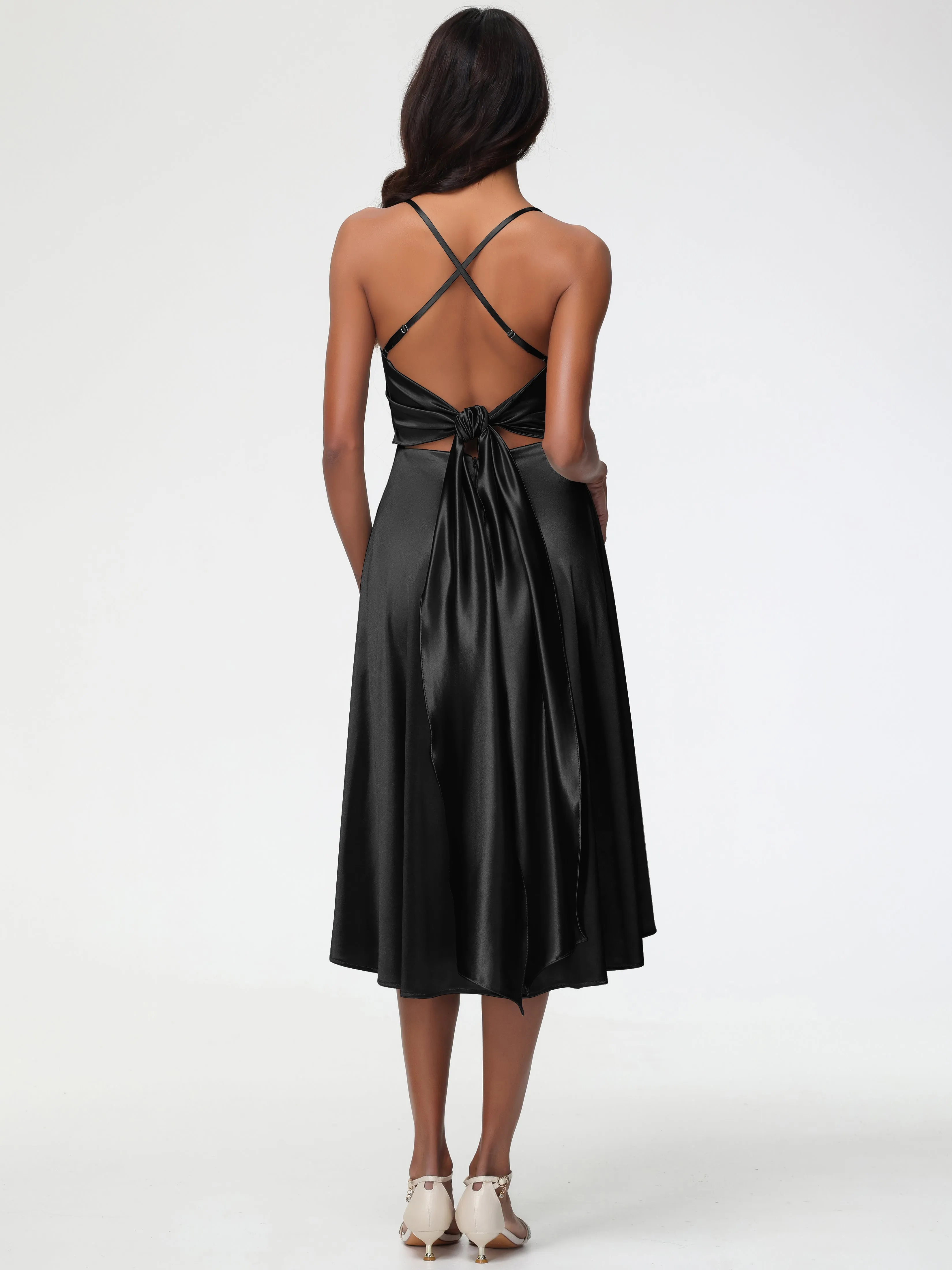 Black Prom Dresses Midi Minimalist A Line Spaghetti Straps Sleeveless Stretch Satin Prom Dress