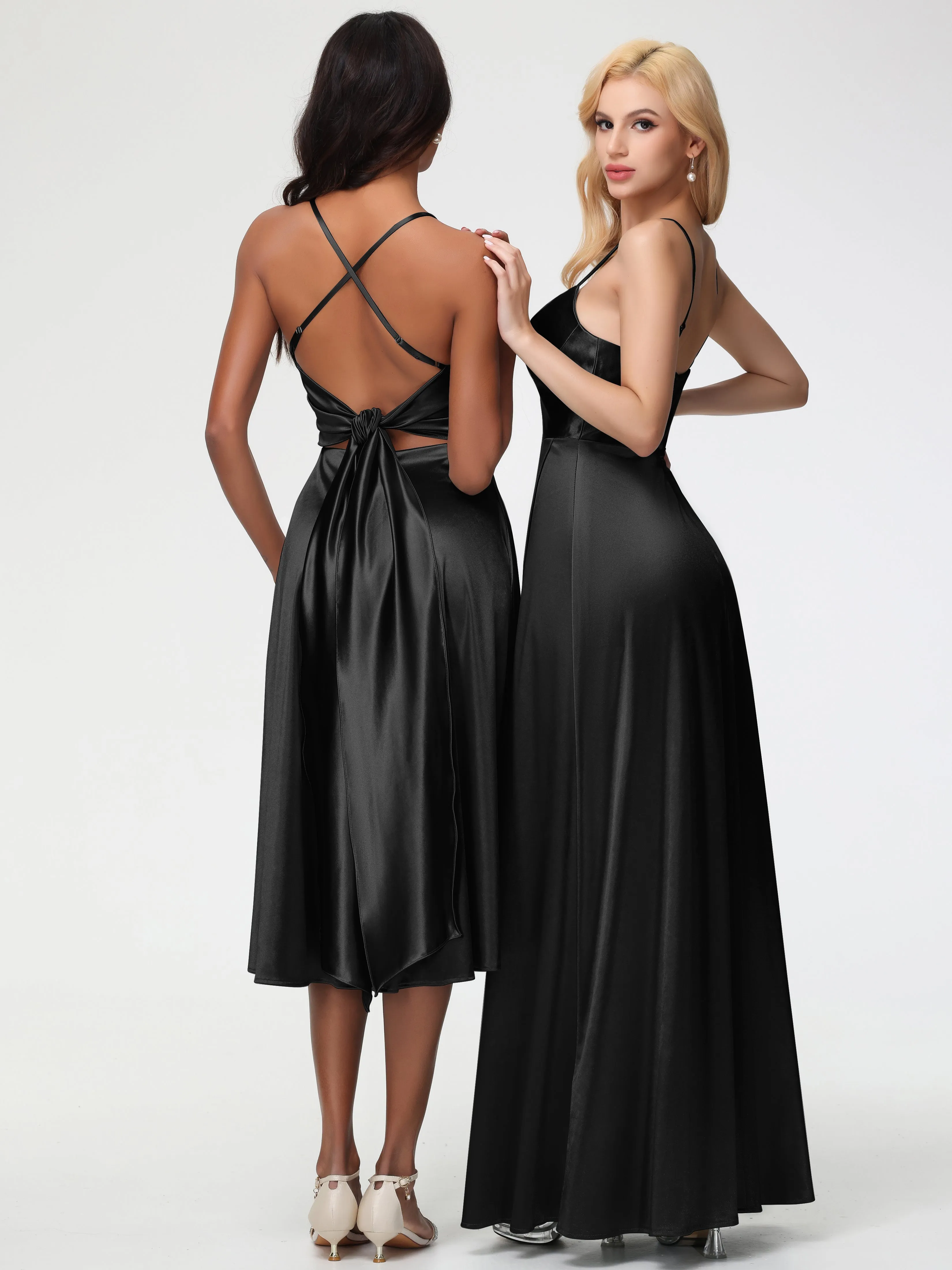 Black Prom Dresses Midi Minimalist A Line Spaghetti Straps Sleeveless Stretch Satin Prom Dress