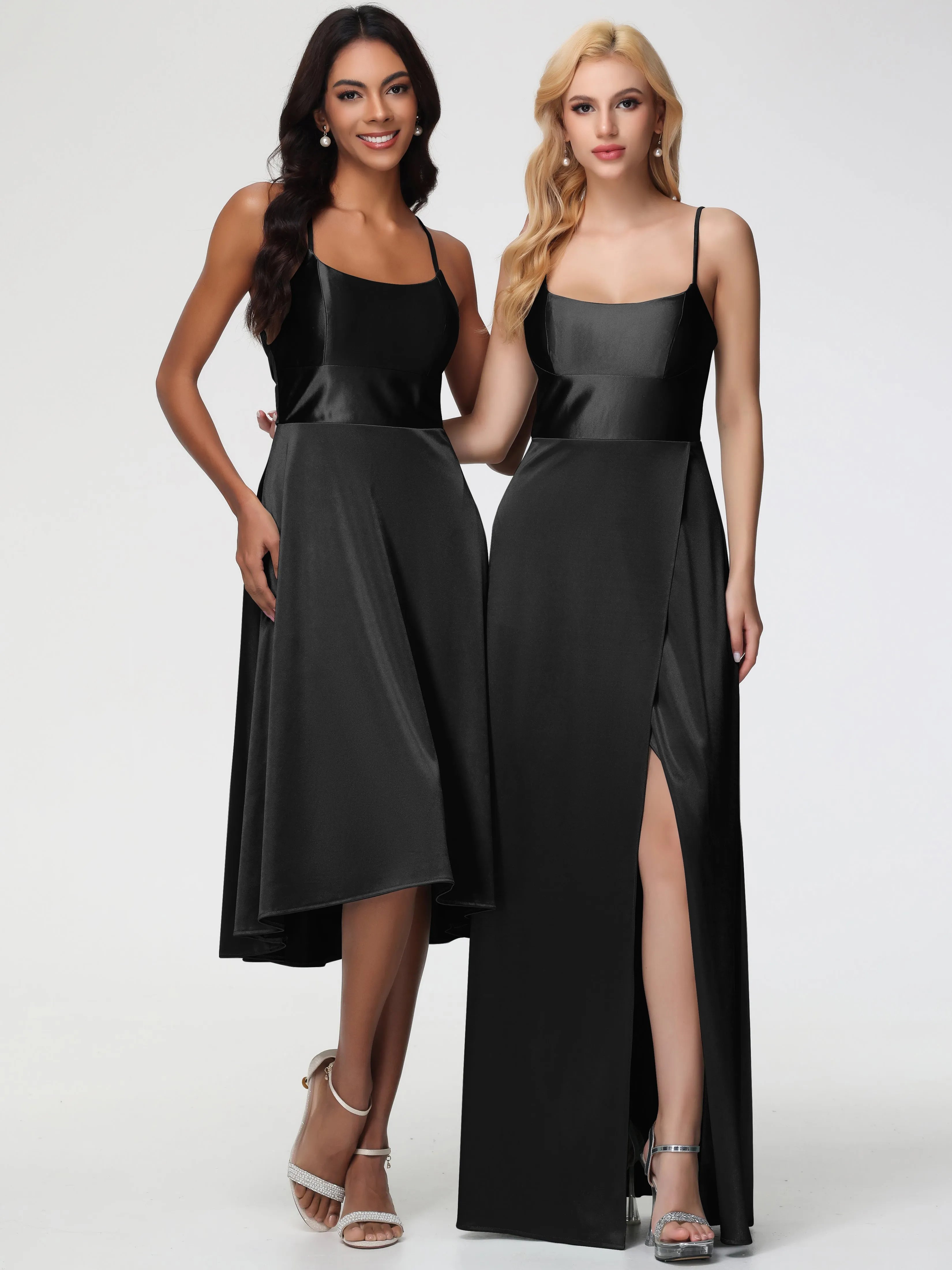 Black Prom Dresses Midi Minimalist A Line Spaghetti Straps Sleeveless Stretch Satin Prom Dress
