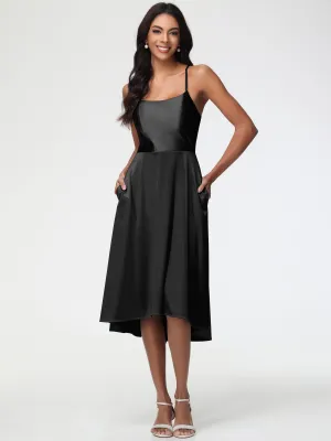 Black Prom Dresses Midi Minimalist A Line Spaghetti Straps Sleeveless Stretch Satin Prom Dress