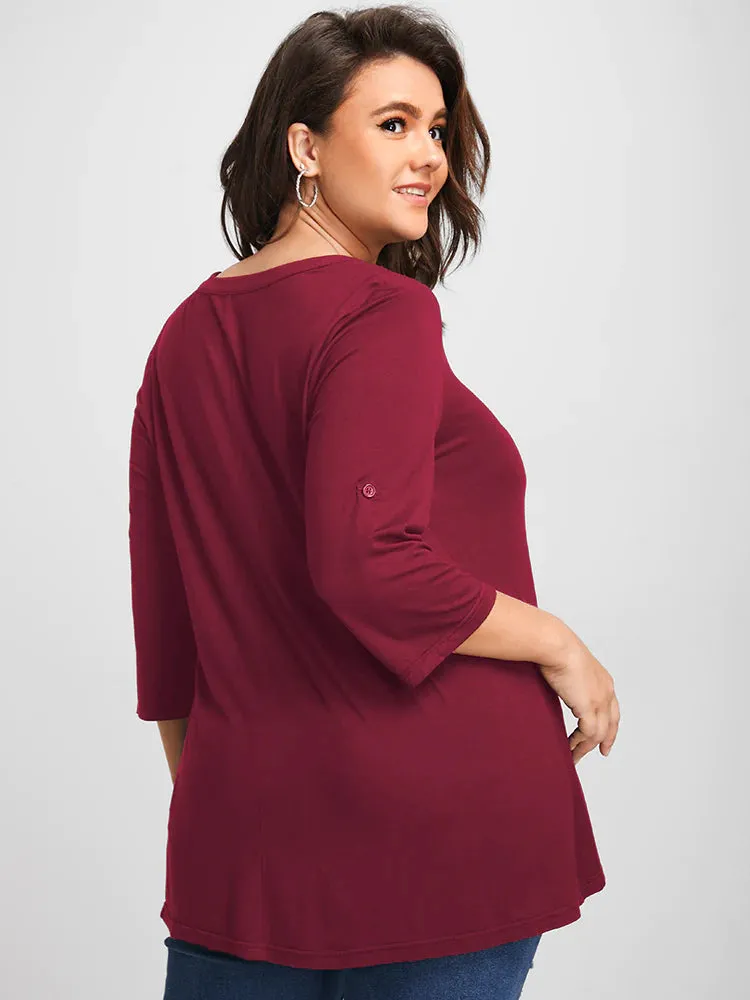 BLOOMCHIC BUTTON UP SLEEVE HALF ZIPPER FLOWY T-SHIRT WITH FRONT CHEST POCKET