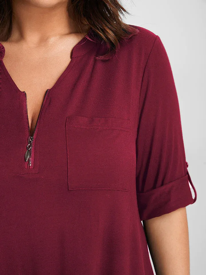 BLOOMCHIC BUTTON UP SLEEVE HALF ZIPPER FLOWY T-SHIRT WITH FRONT CHEST POCKET