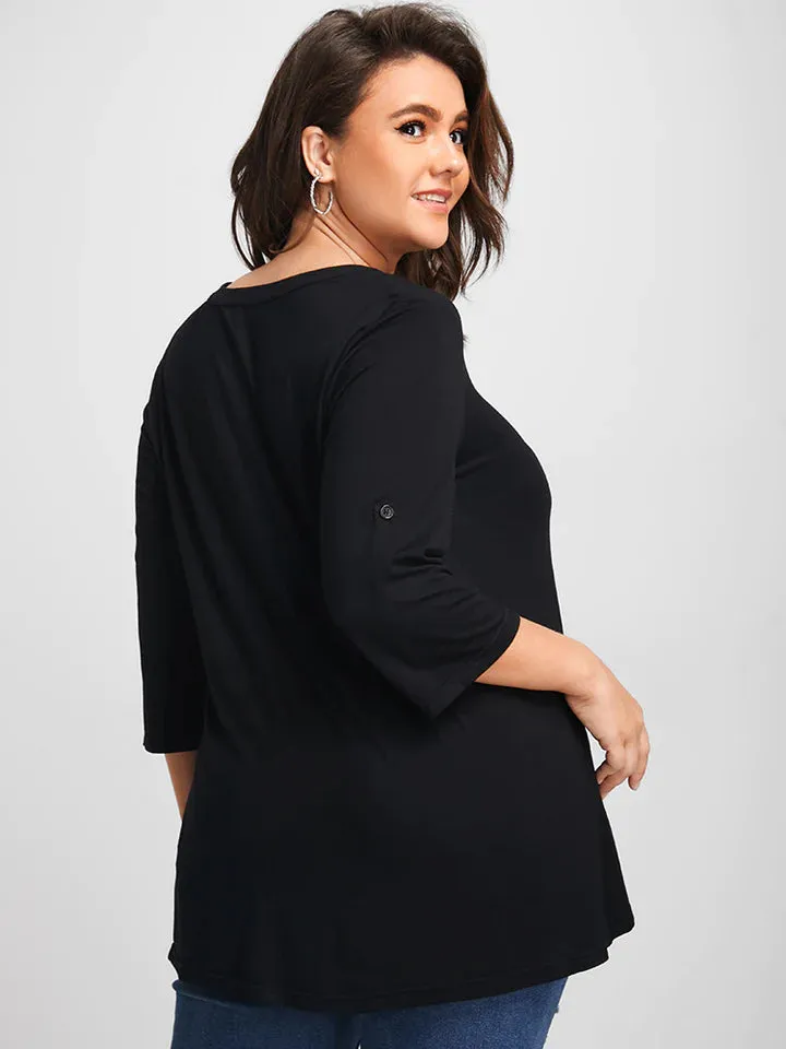BLOOMCHIC BUTTON UP SLEEVE HALF ZIPPER FLOWY T-SHIRT WITH FRONT CHEST POCKET
