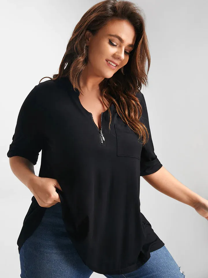 BLOOMCHIC BUTTON UP SLEEVE HALF ZIPPER FLOWY T-SHIRT WITH FRONT CHEST POCKET