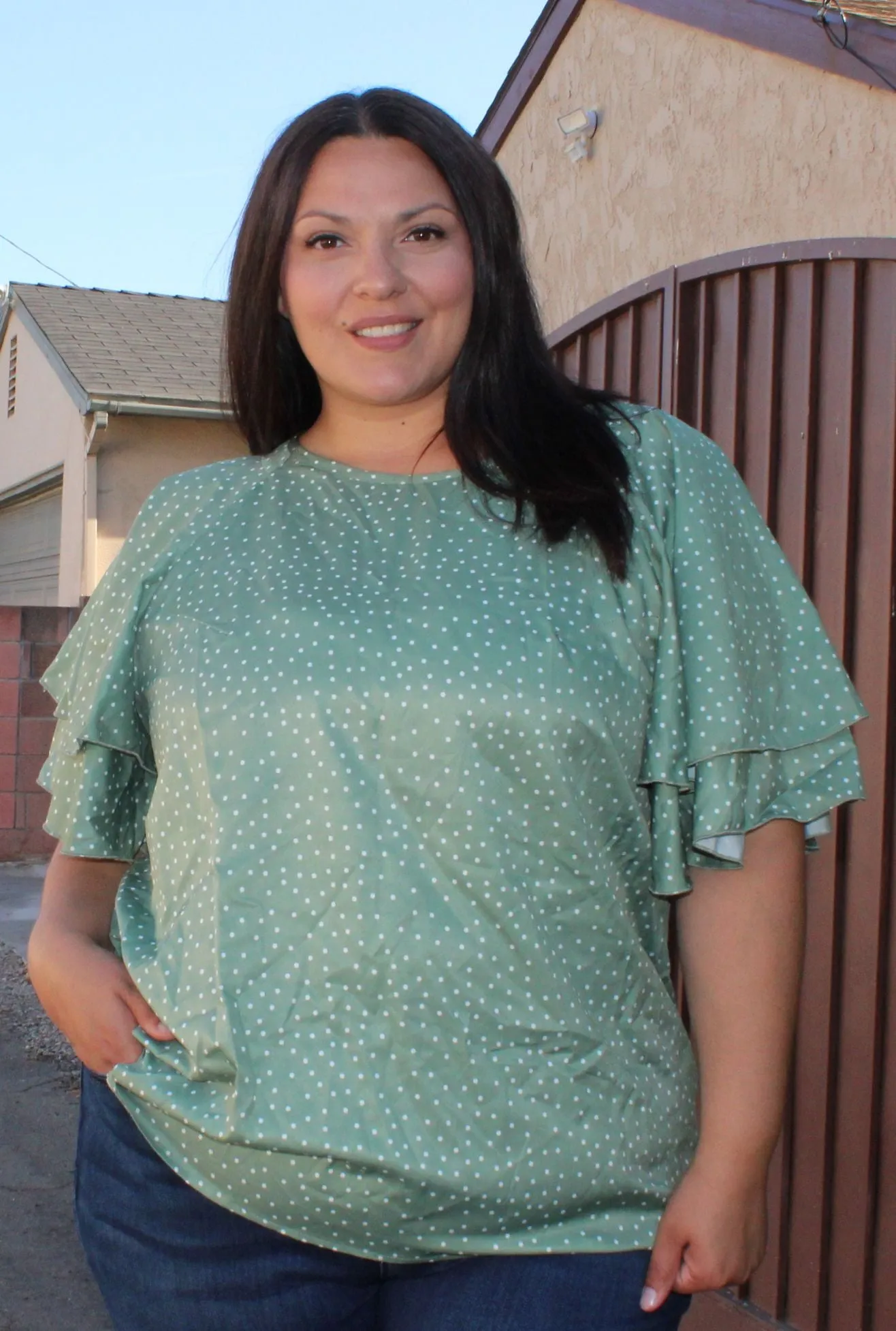Bloomchic Crew Neck Ruffle Tiered Sleeve Blouse, MULTIPLE COLORS & SIZES