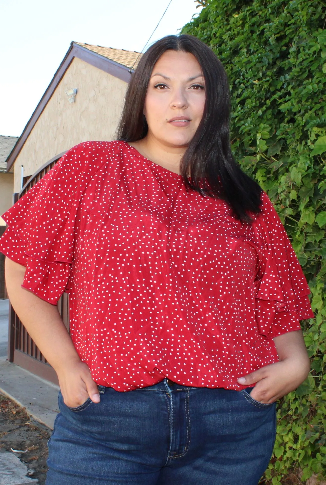 Bloomchic Crew Neck Ruffle Tiered Sleeve Blouse, MULTIPLE COLORS & SIZES