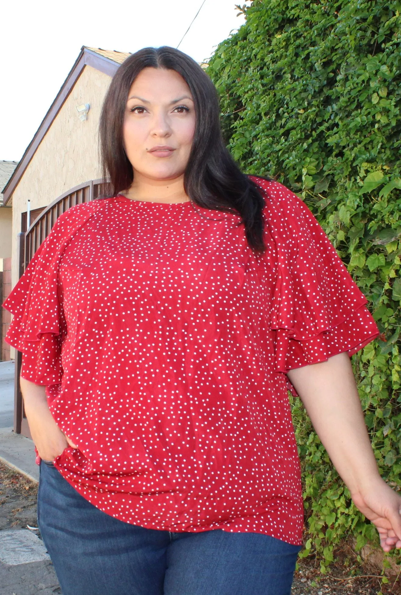 Bloomchic Crew Neck Ruffle Tiered Sleeve Blouse, MULTIPLE COLORS & SIZES